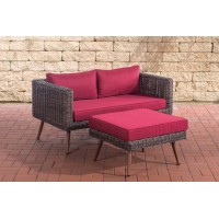Gartenlounge-Set Molde mit 2-Sitzer-Sofa und Fußhocker, Polyrattan Braun-Meliert, Polster Rubinrot