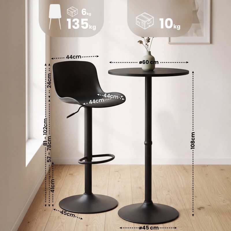 Velor Bar Table Set with Two Height-Adjustable Plastic-Seat Bar Stools – Black