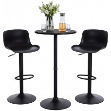 Velor Bar Table Set with Two Height-Adjustable Plastic-Seat Bar Stools – Black