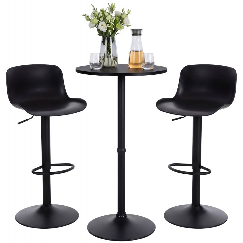 Velor Bar Table Set with Two Height-Adjustable Plastic-Seat Bar Stools – Black
