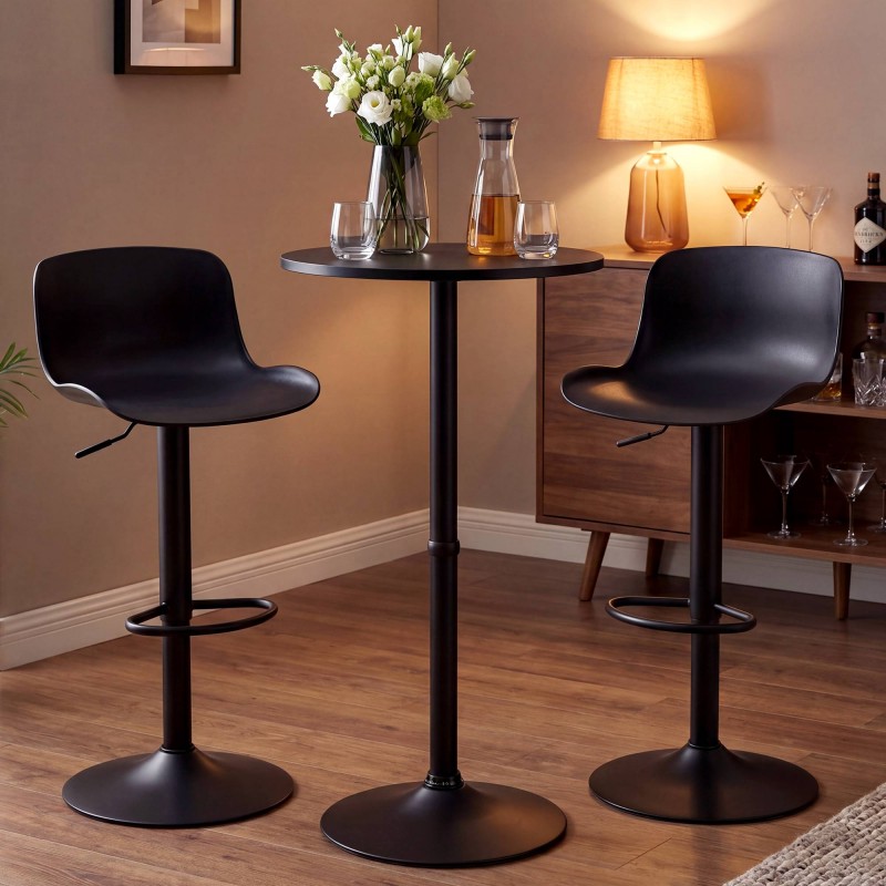 Velor Bar Table Set with Two Height-Adjustable Plastic-Seat Bar Stools – Black