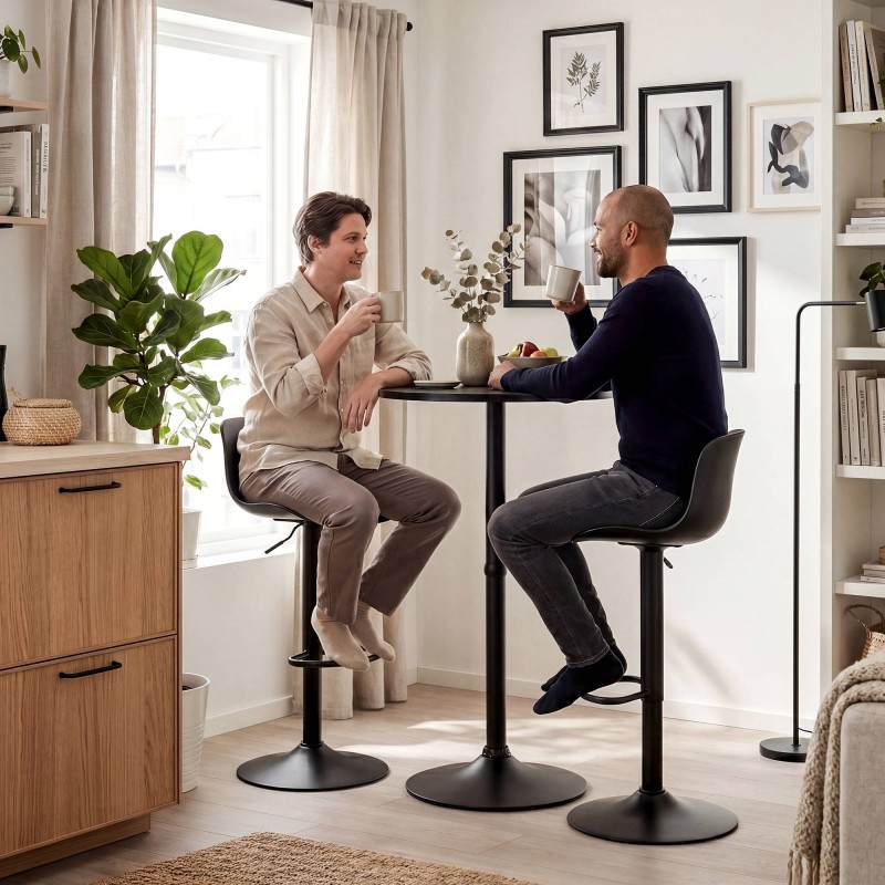 Velor Bar Table Set with Two Height-Adjustable Plastic-Seat Bar Stools – Black
