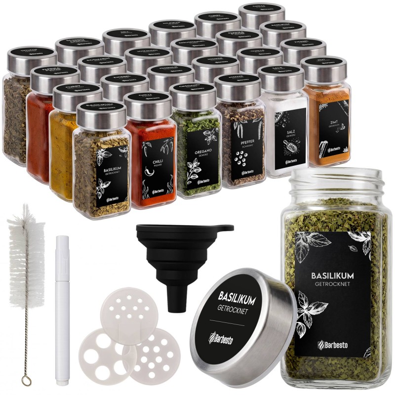 24er-Set eckige Gewürzgläser mit silbernen Edelstahldeckeln, 120 ml, inklusive Zubehör