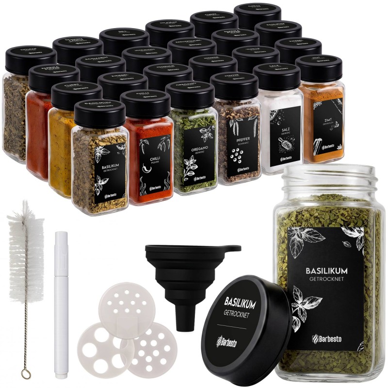 24er-Set eckige Gewürzgläser mit schwarzen Edelstahldeckeln, 120 ml, inklusive Zubehör