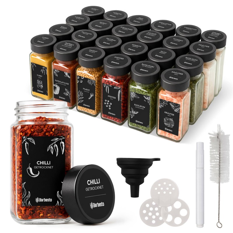24er-Set eckige Gewürzgläser mit schwarzen Edelstahldeckeln, 120 ml, inklusive Zubehör