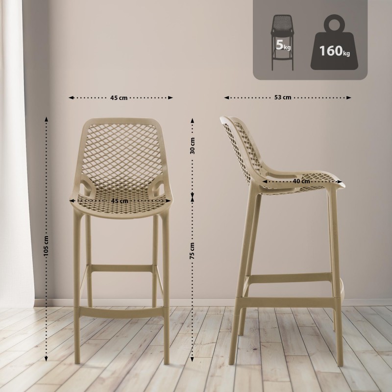 Set of Two Air Indoor and Outdoor Bar Stools with Backrests and Footrests – Taupe