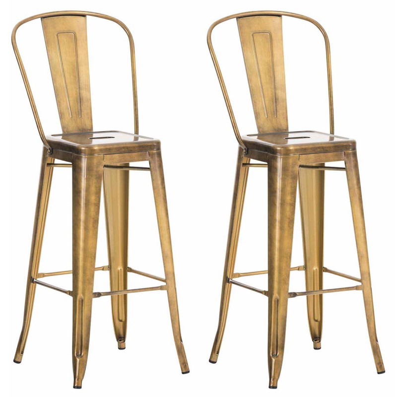 Set of Two Aiden Metal Bar Stools with Backrests and Footrests – Gold