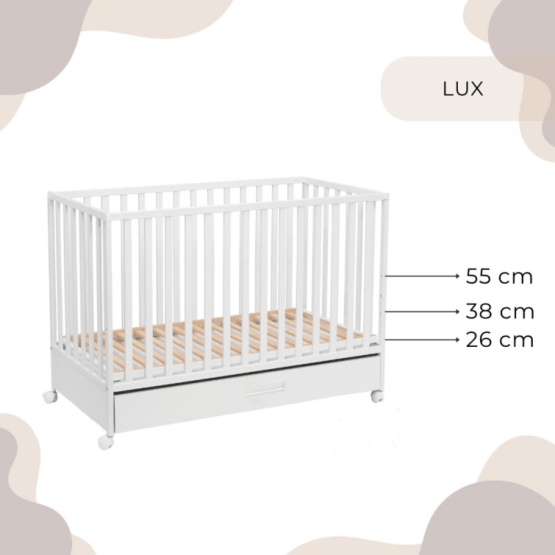 Кроватка 120×60 LUX белая с ящиком и колесами