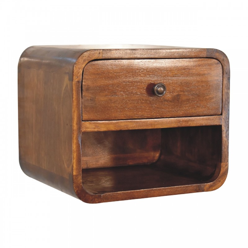 Mini Curved Chestnut Floating Nightstand with Open Shelf