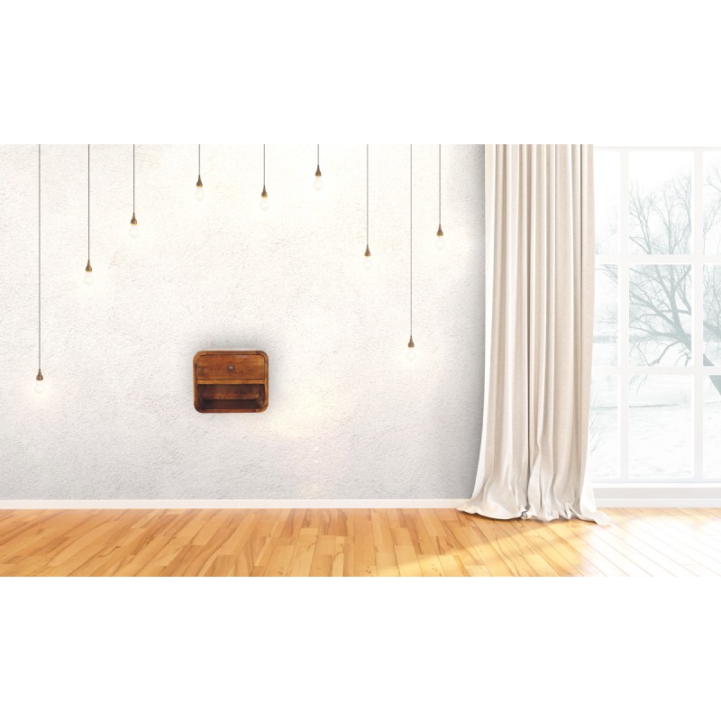 Mini Curved Chestnut Floating Nightstand with Open Shelf