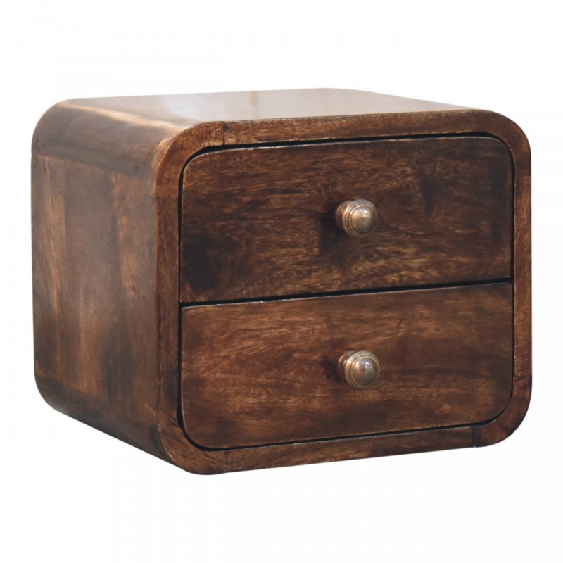 Mini Curved California Walnut Floating Nightstand with 2 Drawers