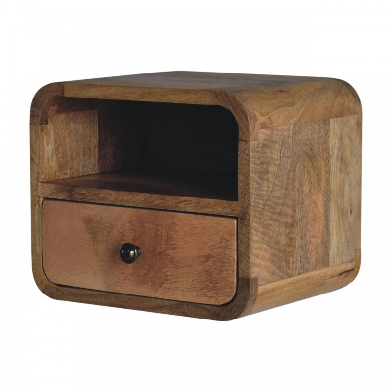 Mini Curved Oak-Ish Floating Bedside Table with Shelf