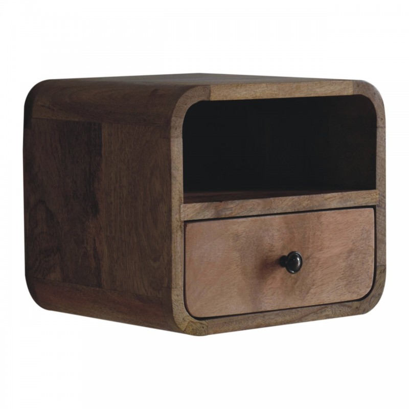 Mini Curved Oak-Ish Floating Bedside Table with Shelf