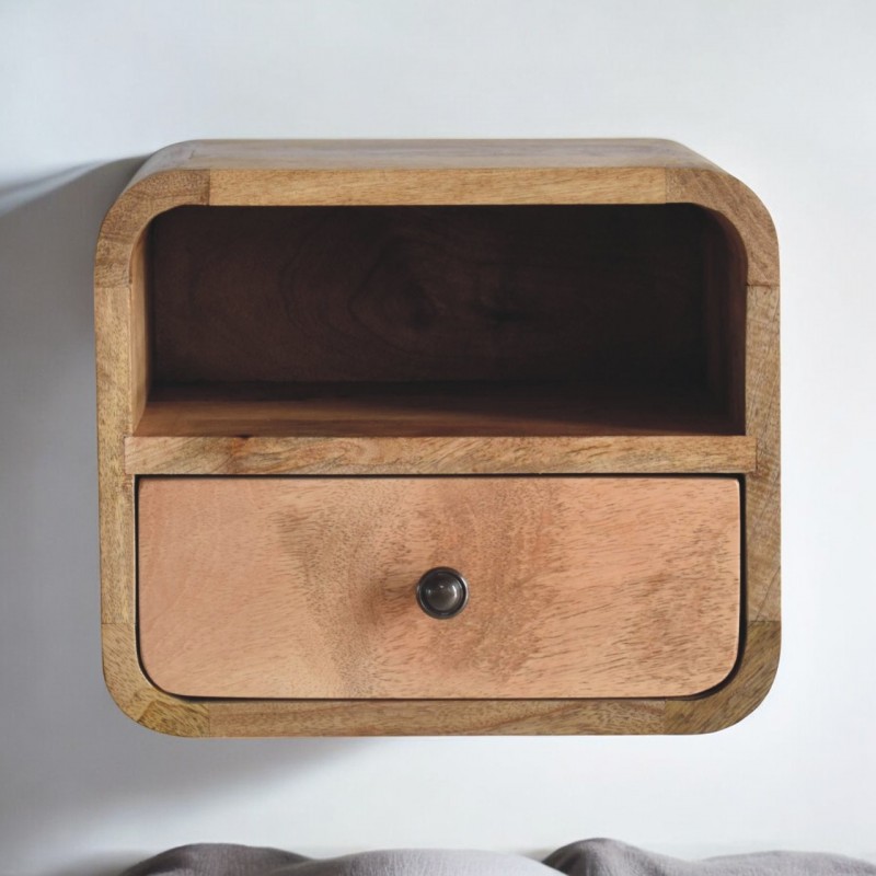 Mini Curved Oak-Ish Floating Bedside Table with Shelf