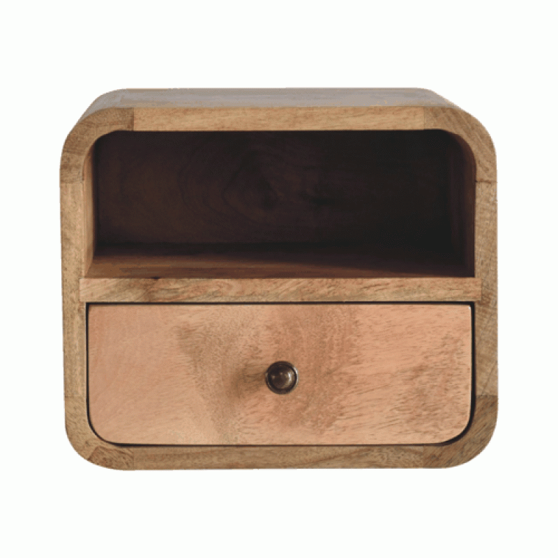 Mini Curved Oak-Ish Floating Bedside Table with Shelf