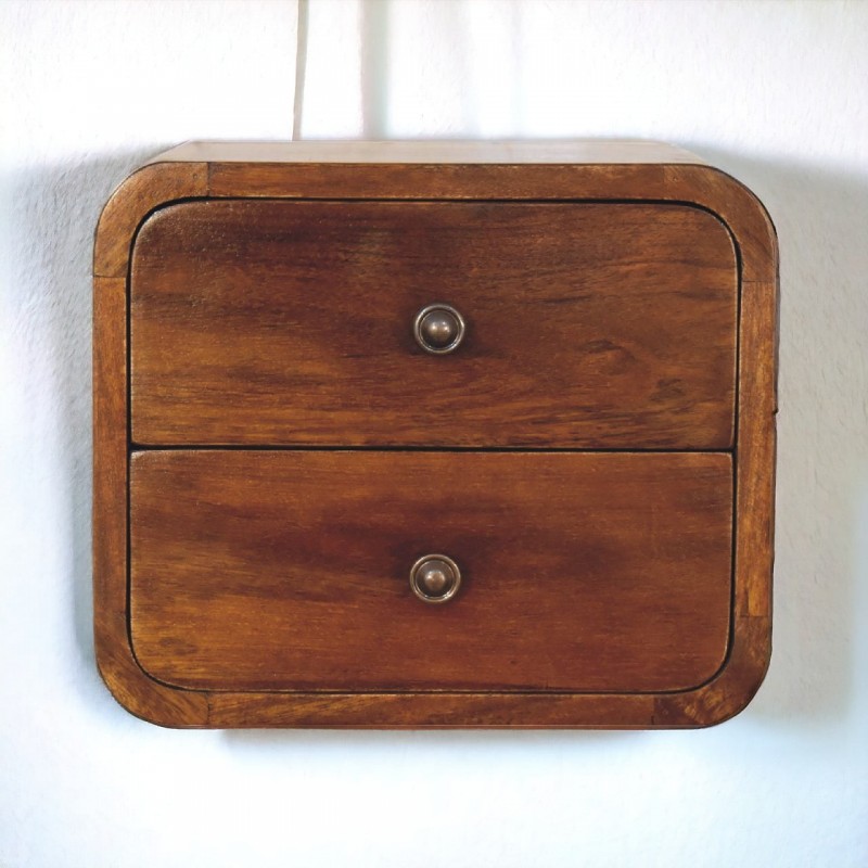 Mini Curved Chestnut Floating Bedside Table with 2 Drawers