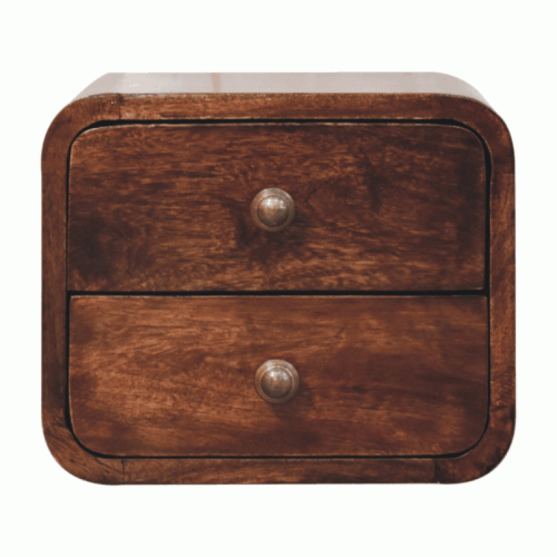 Mini Curved California Walnut Floating Nightstand with 2 Drawers